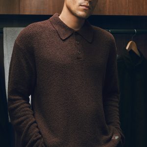 Textured Knit Long Sleeve Polo - Brownstone