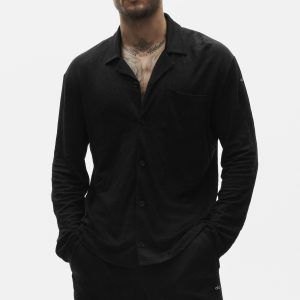 Linen Jersey Coastal Long Sleeve Button Up - Black