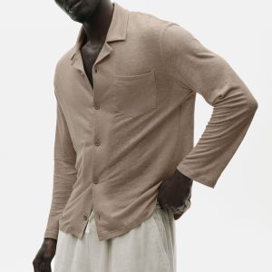 Linen Jersey Coastal Long Sleeve Button Up - Gravel