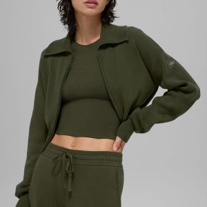 Scholar Knit Cropped Full Zip Jacket - Green Olive