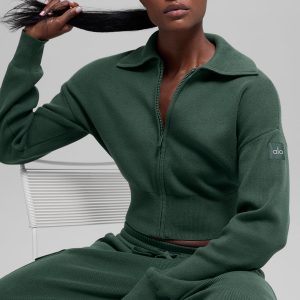 Scholar Knit Cropped Full Zip Jacket - Clover Green